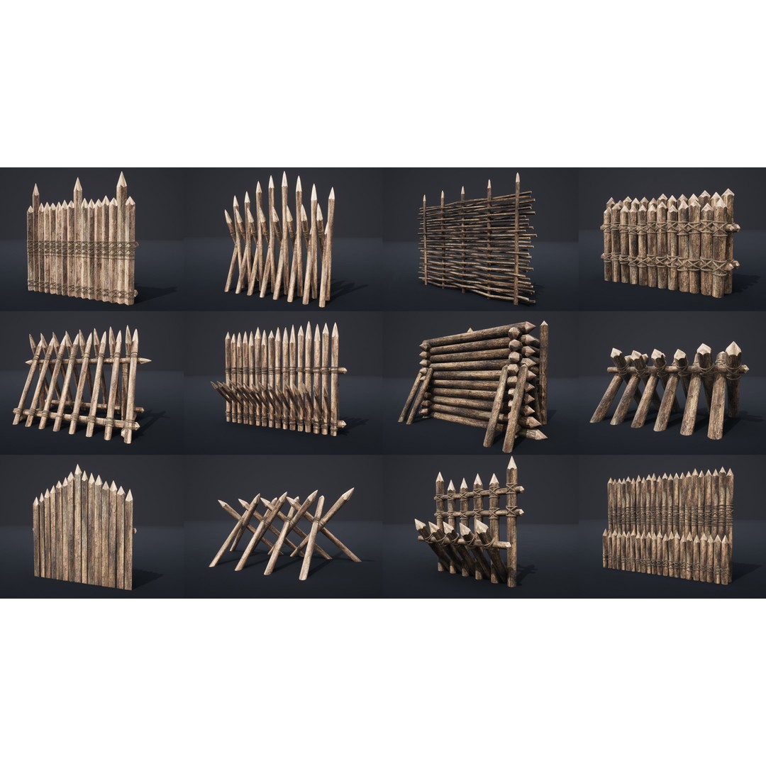 Palisade Barrier 3D Model – Low Poly Game Asset, FBX, PBR