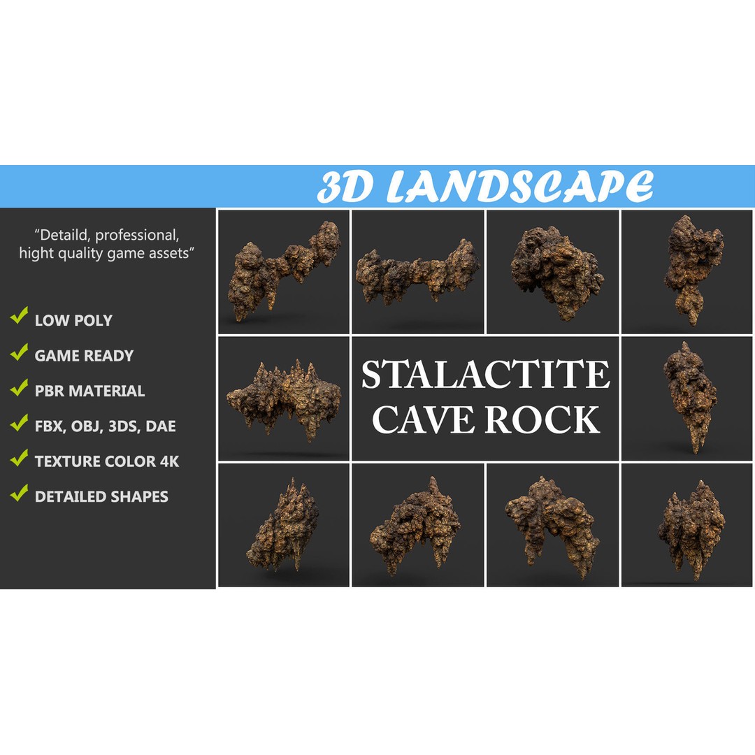 Stalactite Cave Rock 3D Model – Low Poly Modular Pack, FBX, OBJ - View 3
