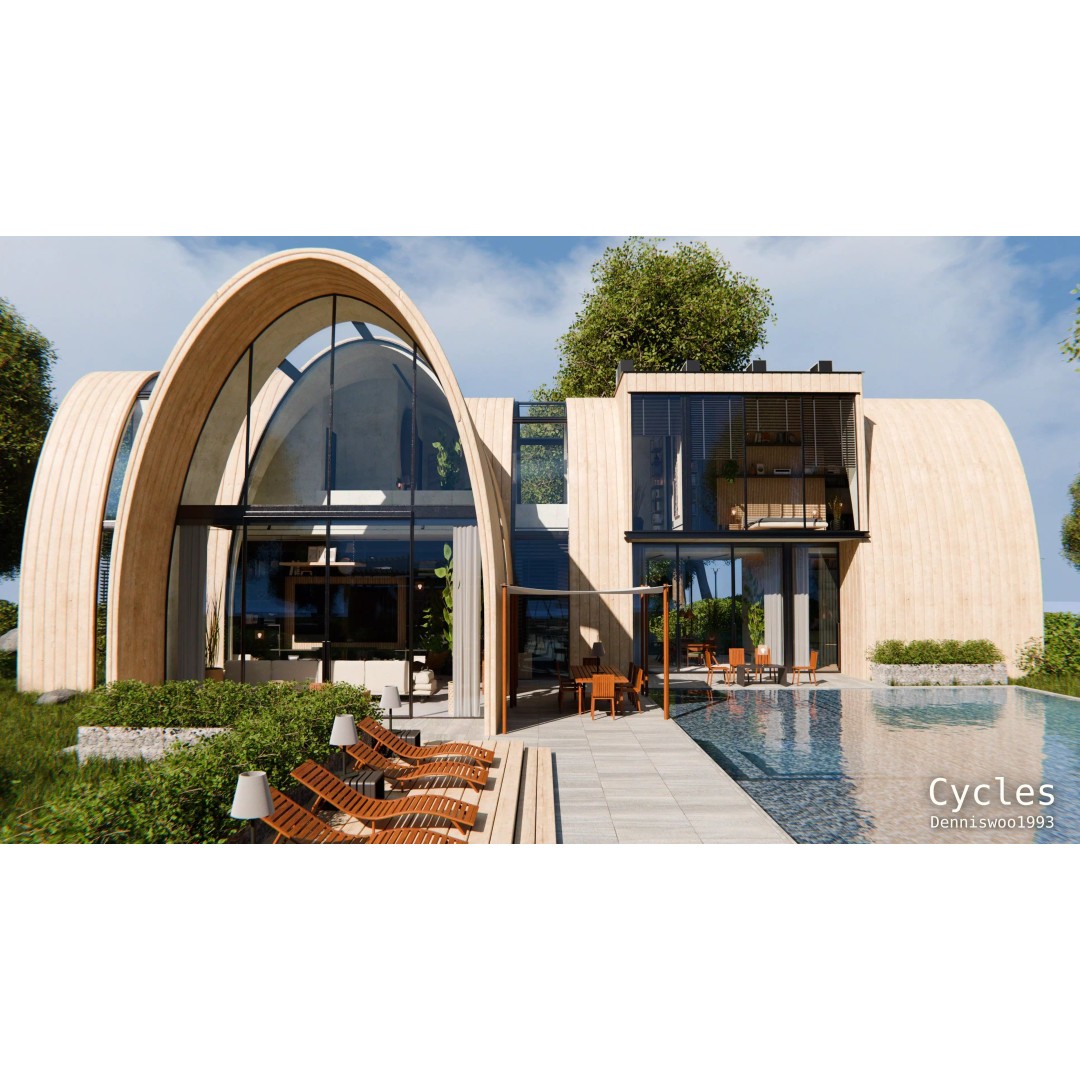 Modern Modular House 3D Model – Curved Roof Villa, Blender, FBX - View 3
