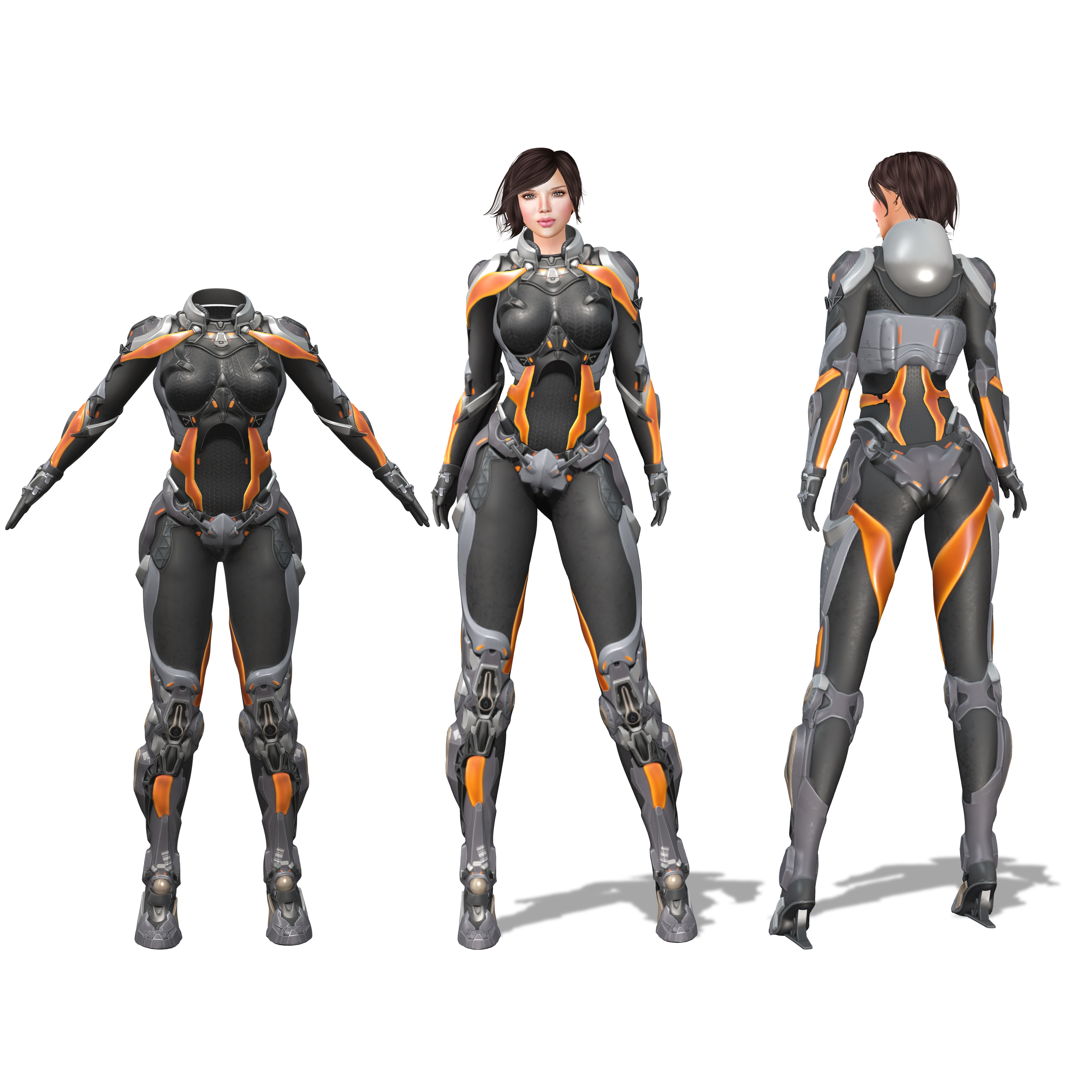 Female Sci-Fi Orange Black Bodysuit - Low-Poly Game-Ready 3D Model - View 3