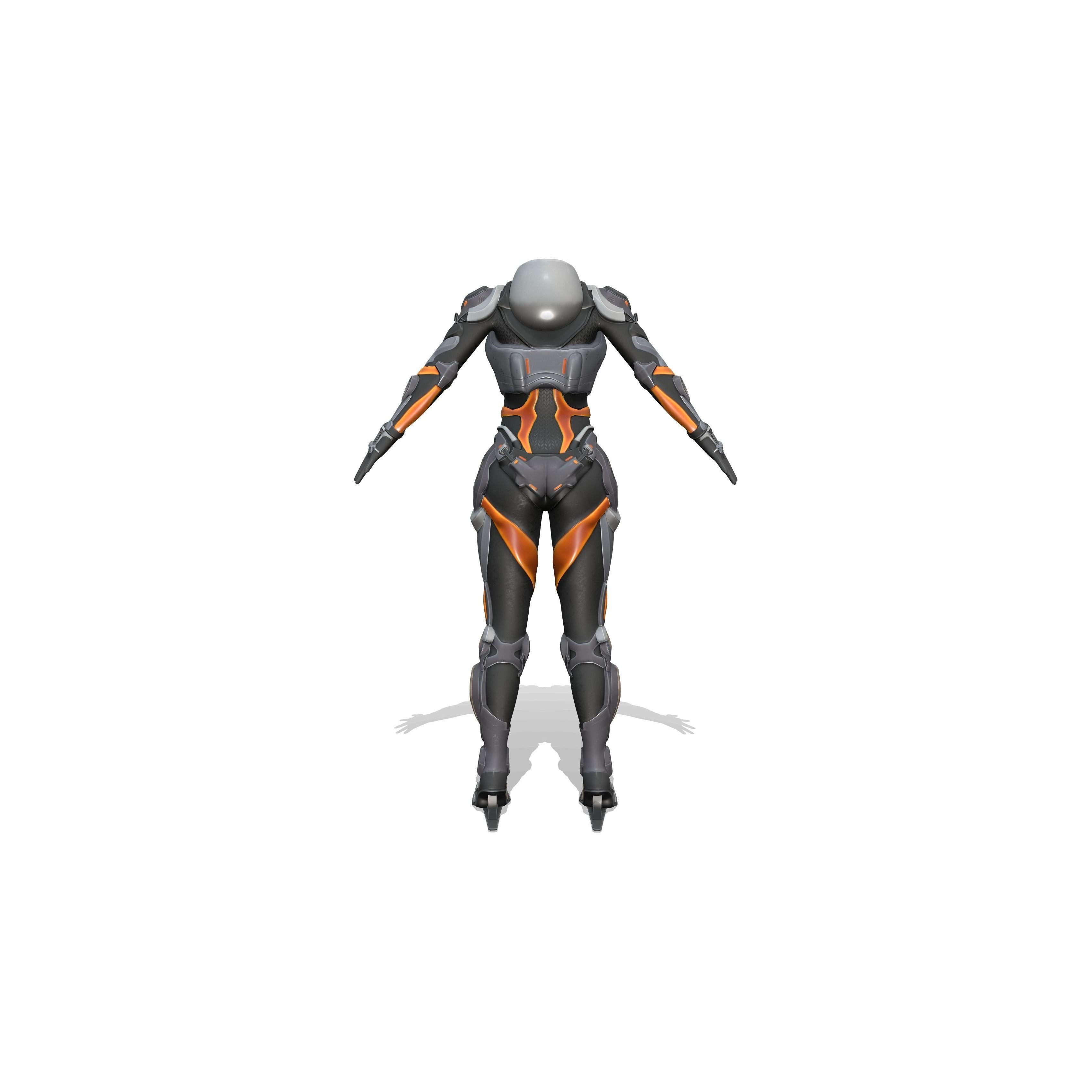 Female Sci-Fi Orange Black Bodysuit - Low-Poly Game-Ready 3D Model - View 6