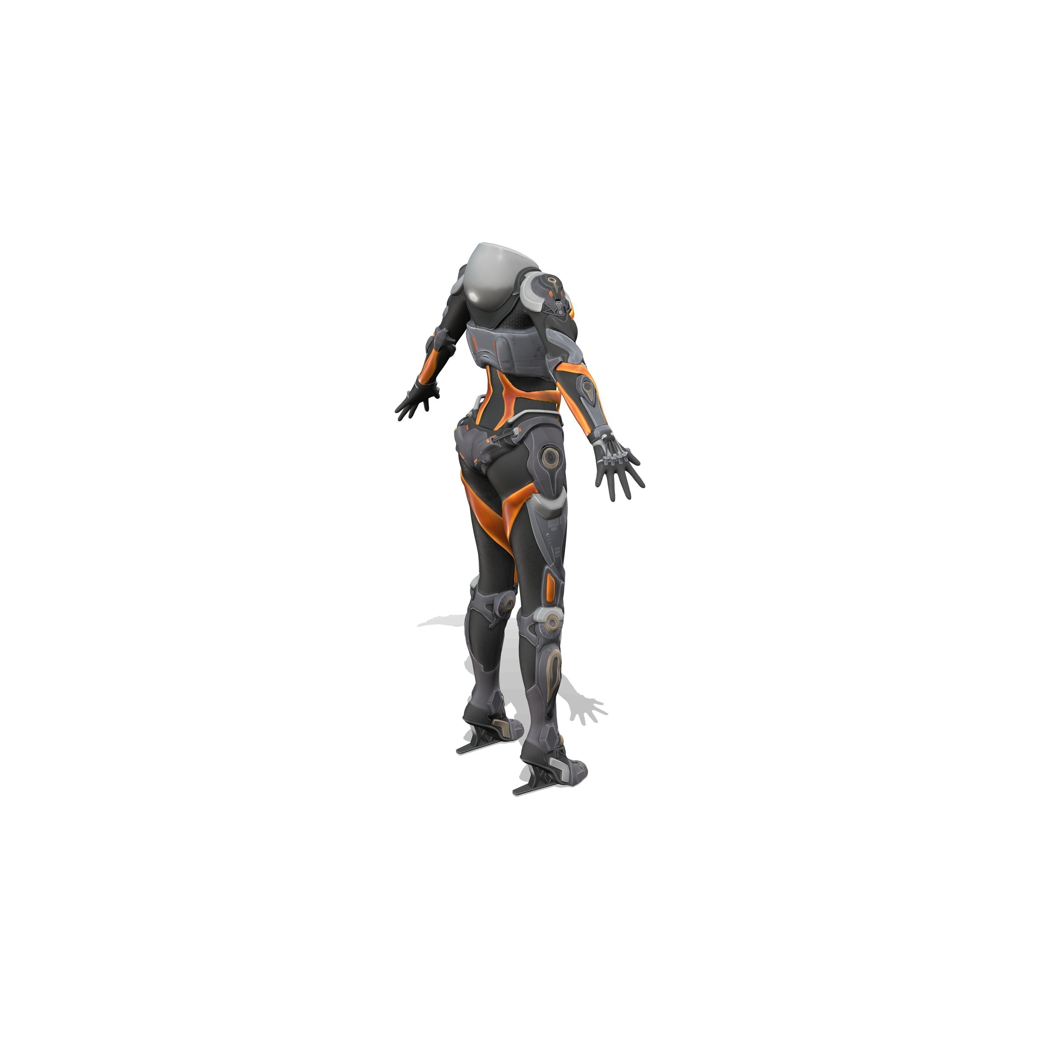 Female Sci-Fi Orange Black Bodysuit - Low-Poly Game-Ready 3D Model - View 7