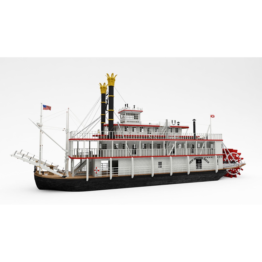 Mississippi River Boat Paddle Steamer 3D Model – Historic Watercraft, FBX - View 11