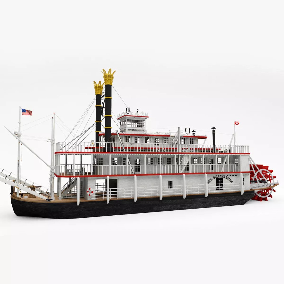 Mississippi River Boat Paddle Steamer 3D Model – Historic Watercraft, FBX - View 2