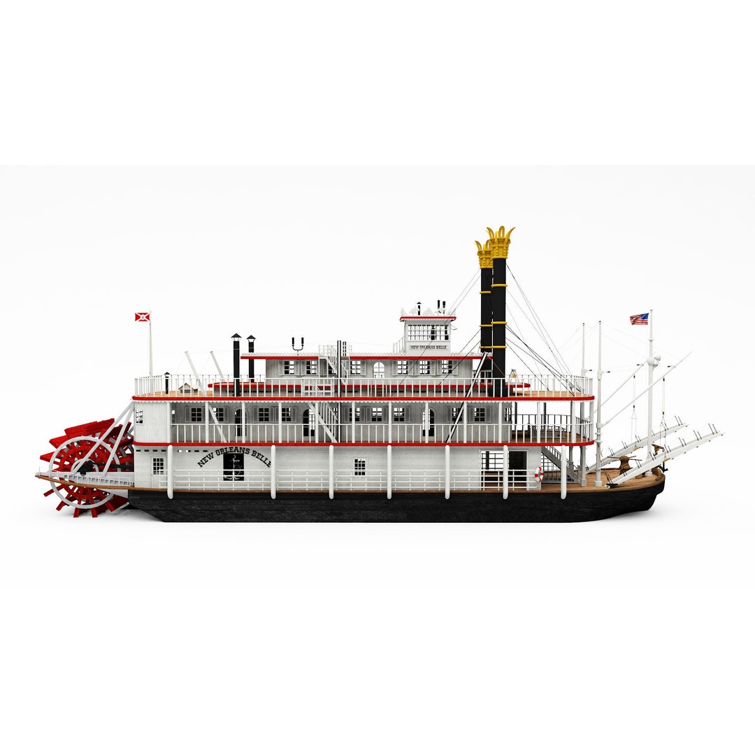 Mississippi River Boat Paddle Steamer 3D Model – Historic Watercraft, FBX - View 3