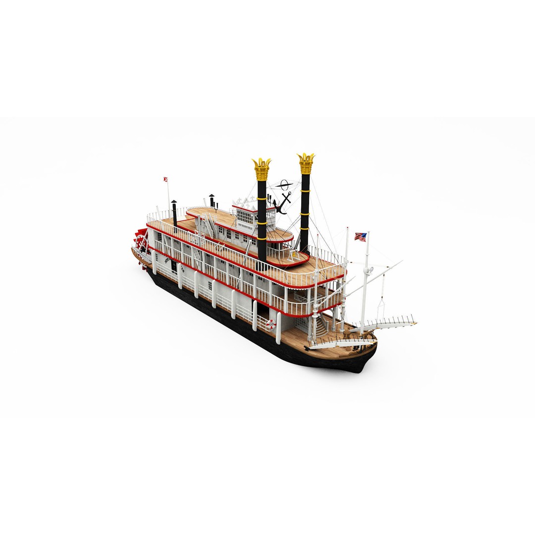 Mississippi River Boat Paddle Steamer 3D Model – Historic Watercraft, FBX - View 4