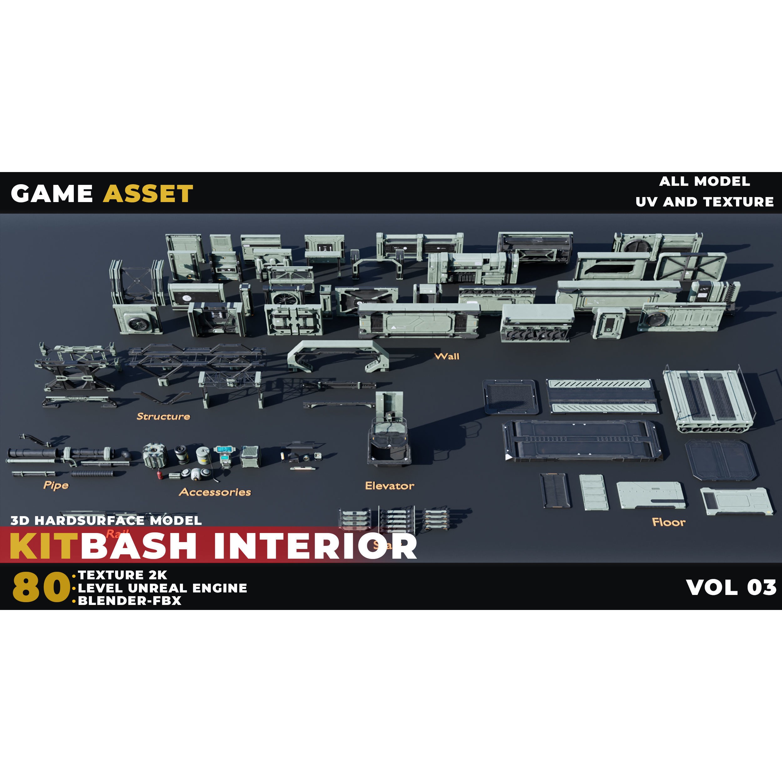 80 Sci-Fi Props Interior Kitbash - Low-Poly Game-Ready 3D Model - View 3