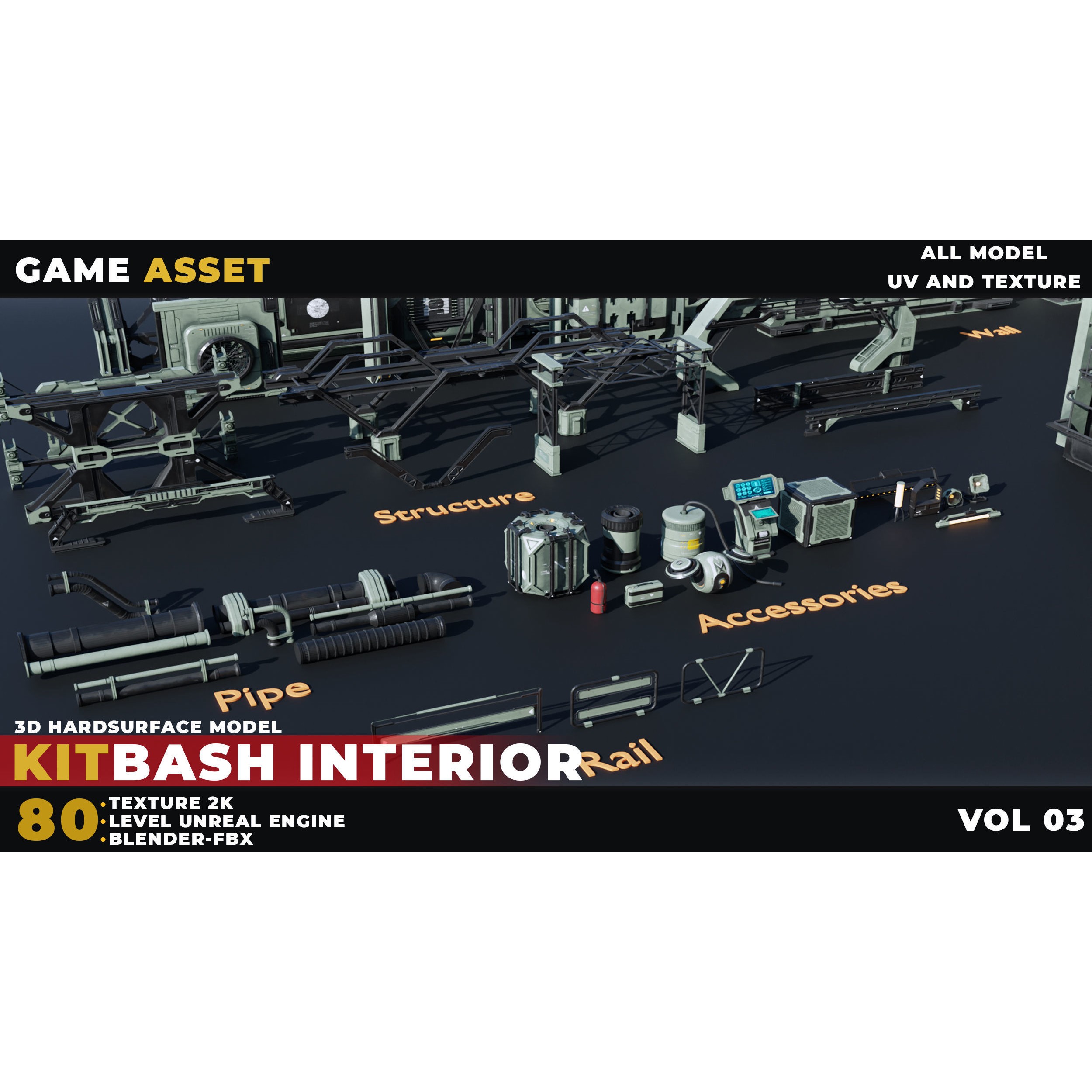 80 Sci-Fi Props Interior Kitbash - Low-Poly Game-Ready 3D Model - View 4