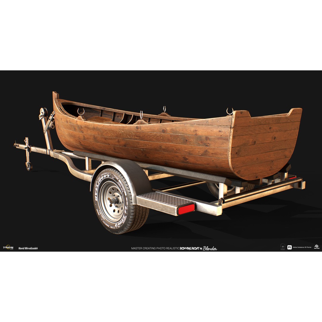 Wooden Rowing Boat 3D Model – High Poly Game Asset, PBR, Blender, FBX - View 3