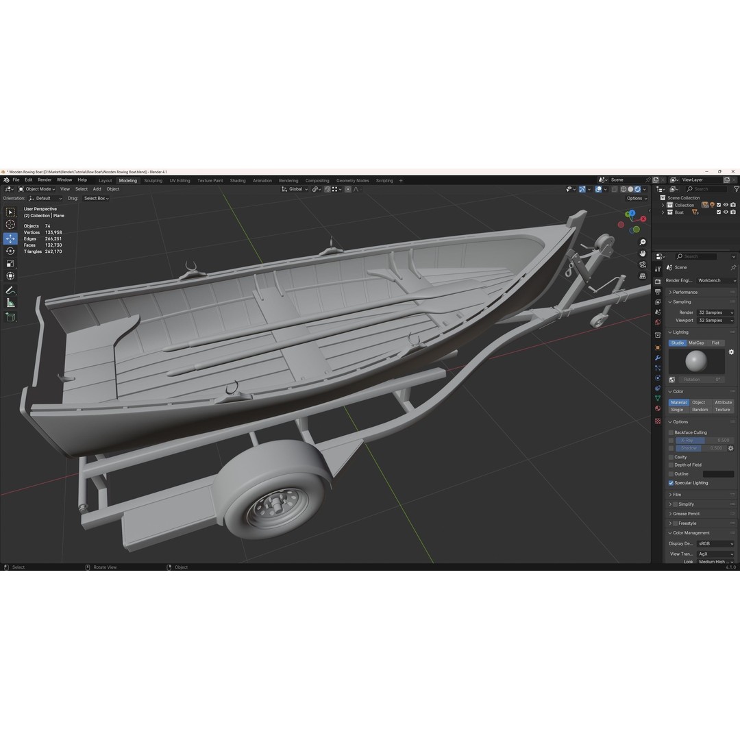 Wooden Rowing Boat 3D Model – High Poly Game Asset, PBR, Blender, FBX - View 8