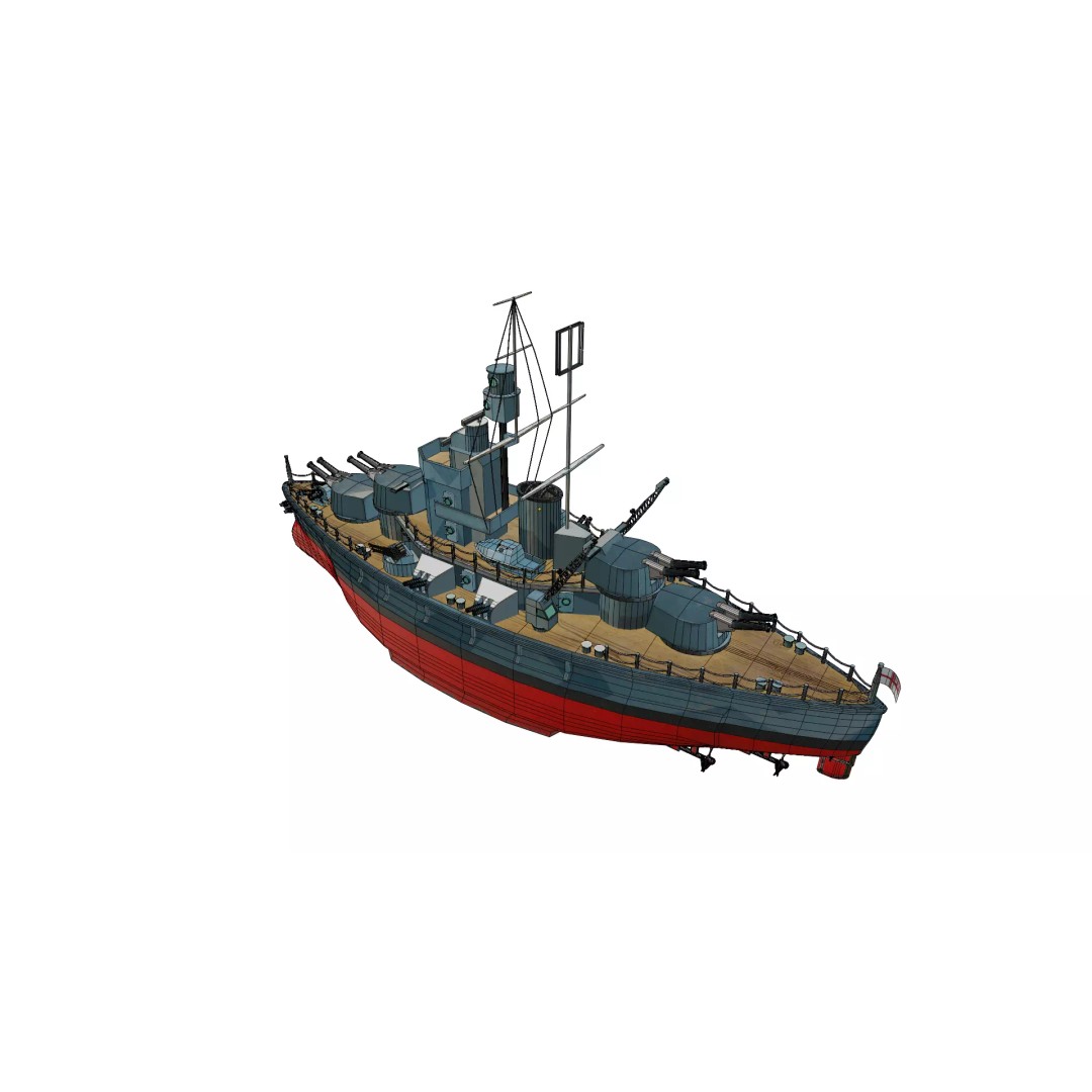 Cartoon British Battleship 3D Model – Low Poly Game Asset, FBX