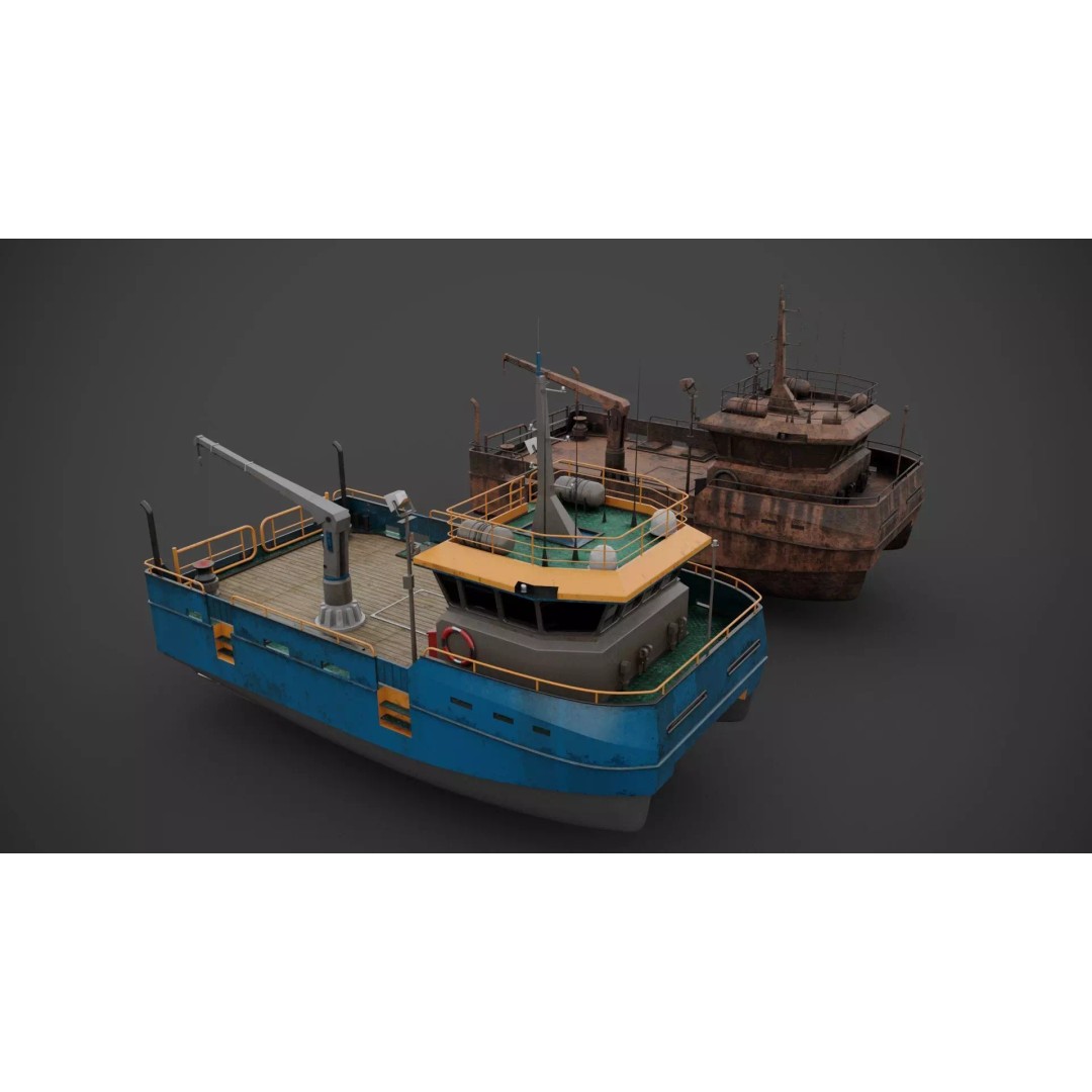 Survey Boat 3D Model – Low Poly Industrial Watercraft with PBR Textures - View 2