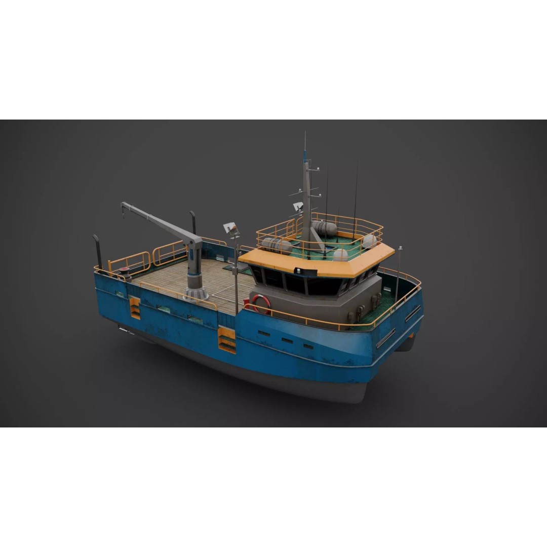 Survey Boat 3D Model – Low Poly Industrial Watercraft with PBR Textures - View 4