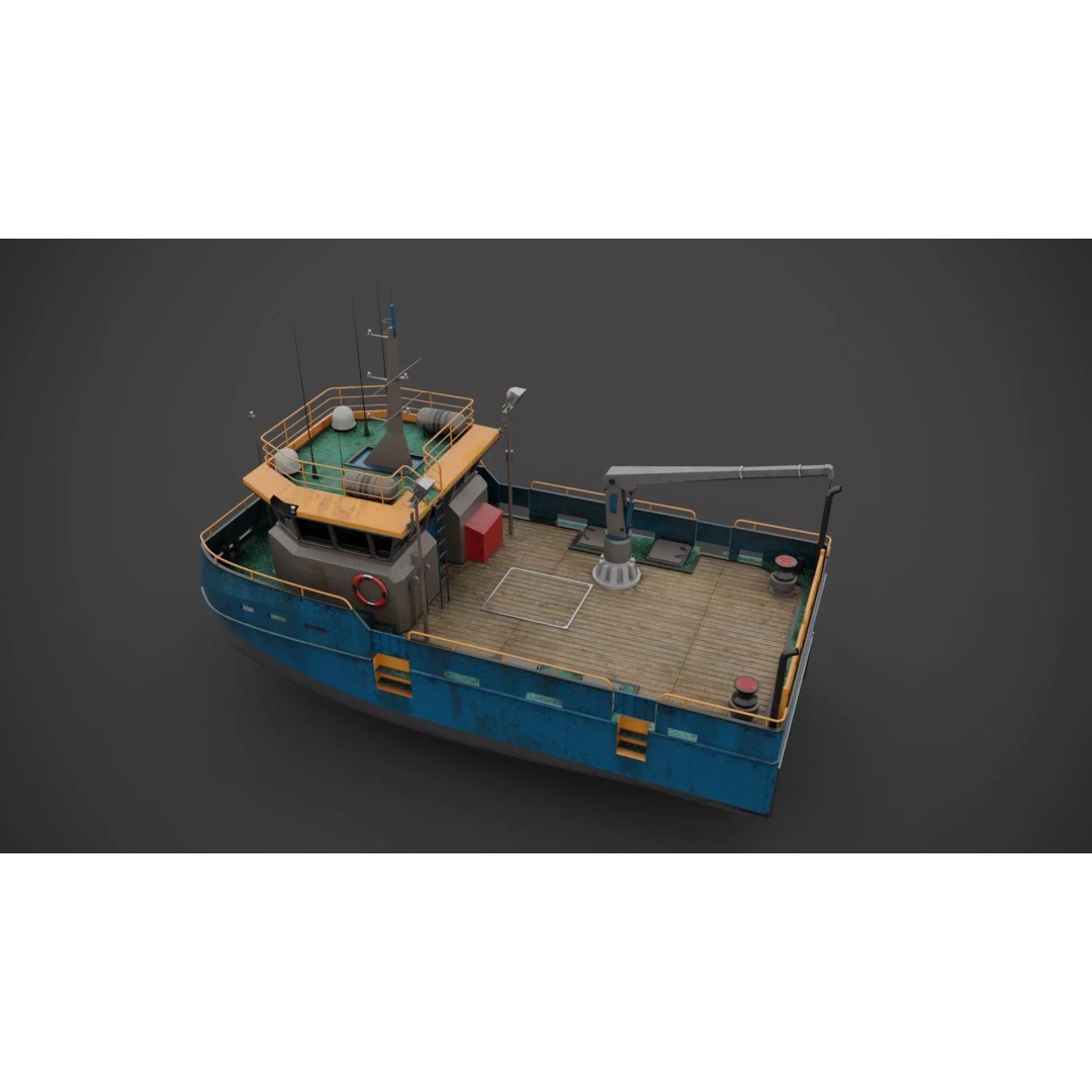 Survey Boat 3D Model – Low Poly Industrial Watercraft with PBR Textures - View 6