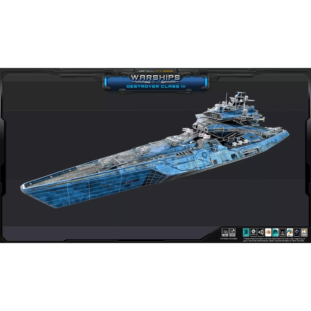 Futuristic Destroyer Class III 3D Model – Low Poly Military Warship, FBX