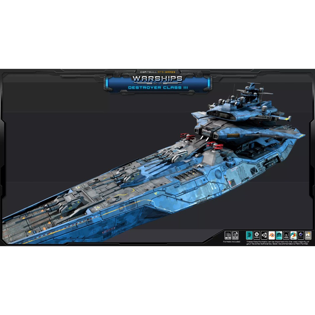 Futuristic Destroyer Class III 3D Model – Low Poly Military Warship, FBX - View 10