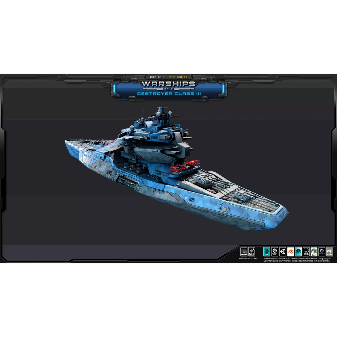 Futuristic Destroyer Class III 3D Model – Low Poly Military Warship, FBX - View 11
