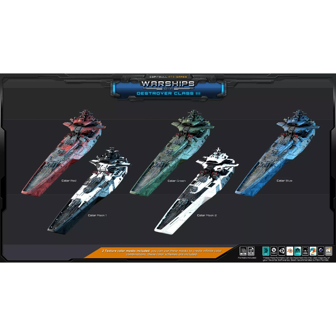 Futuristic Destroyer Class III 3D Model – Low Poly Military Warship, FBX - View 12