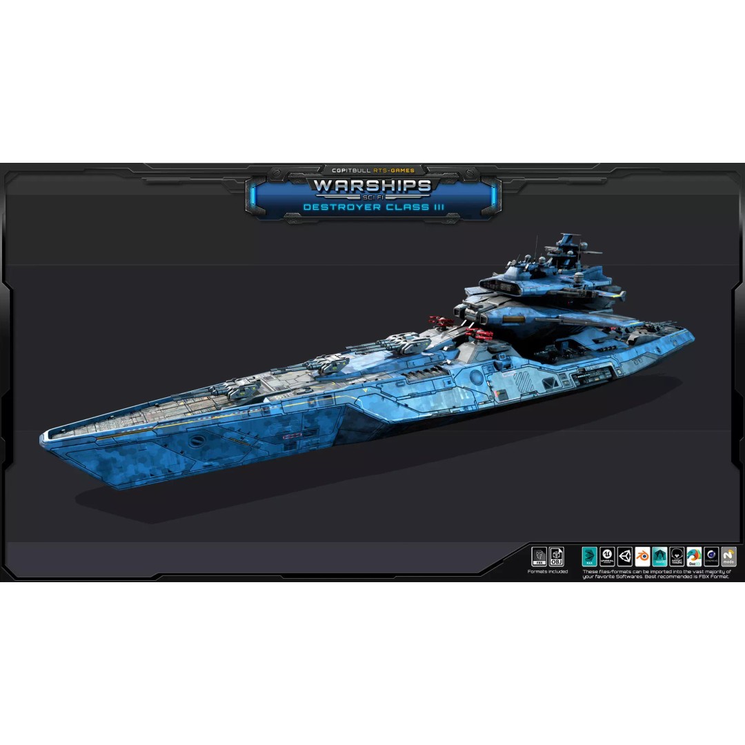 Futuristic Destroyer Class III 3D Model – Low Poly Military Warship, FBX - View 3