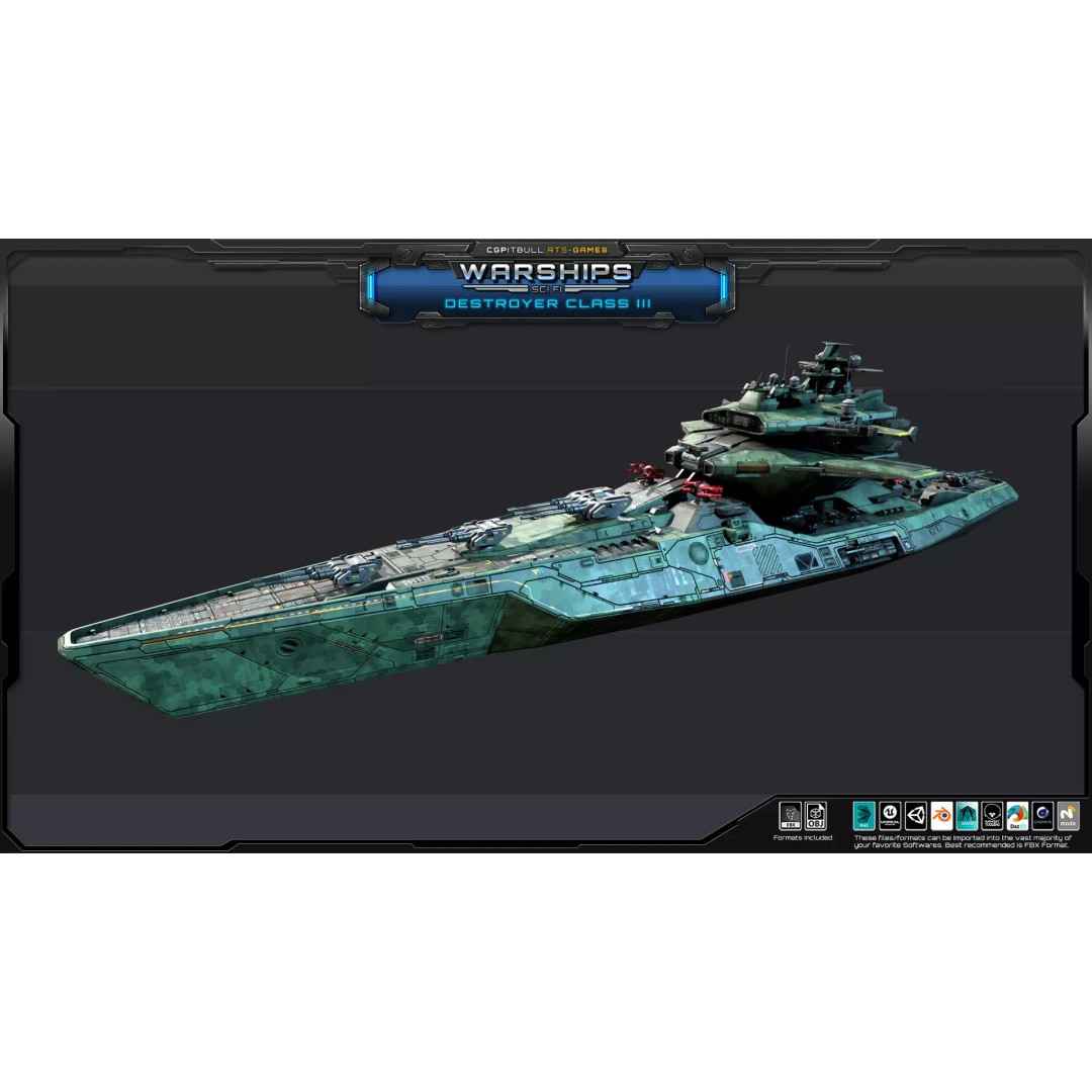 Futuristic Destroyer Class III 3D Model – Low Poly Military Warship, FBX - View 4