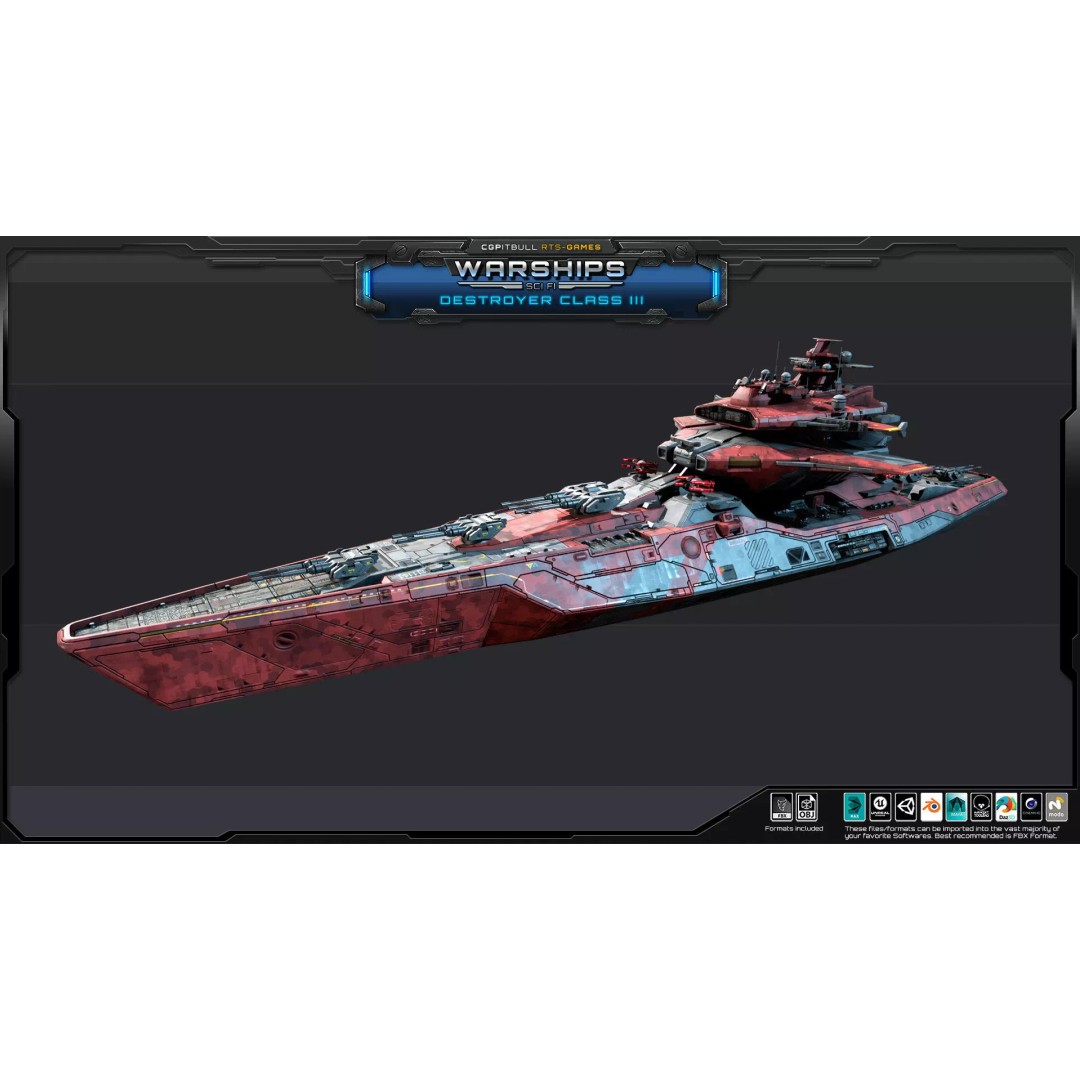 Futuristic Destroyer Class III 3D Model – Low Poly Military Warship, FBX - View 5