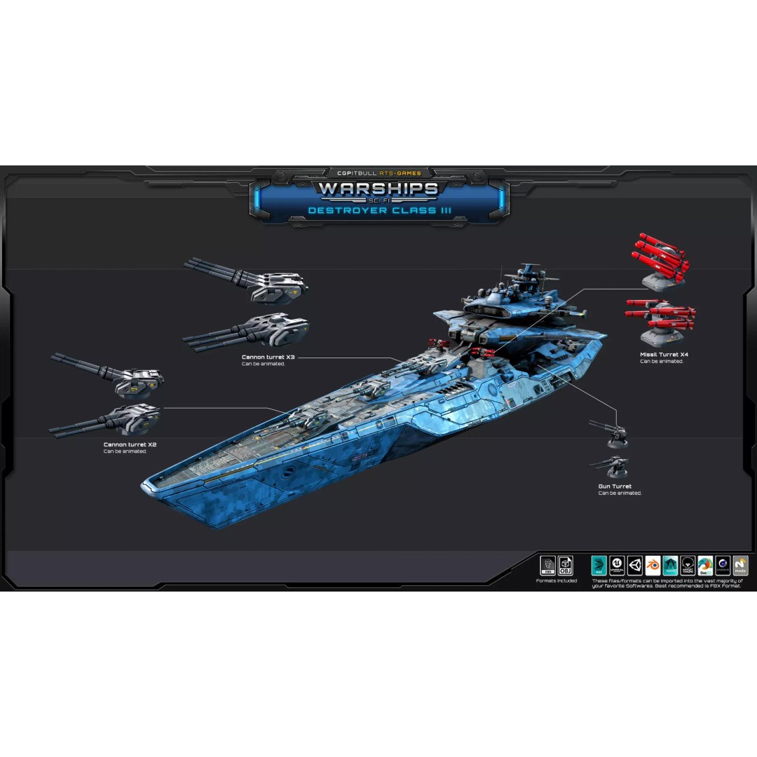 Futuristic Destroyer Class III 3D Model – Low Poly Military Warship, FBX - View 6