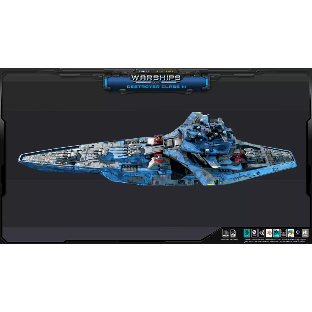 Futuristic Destroyer Class III 3D Model – Low Poly Military Warship, FBX - View 7