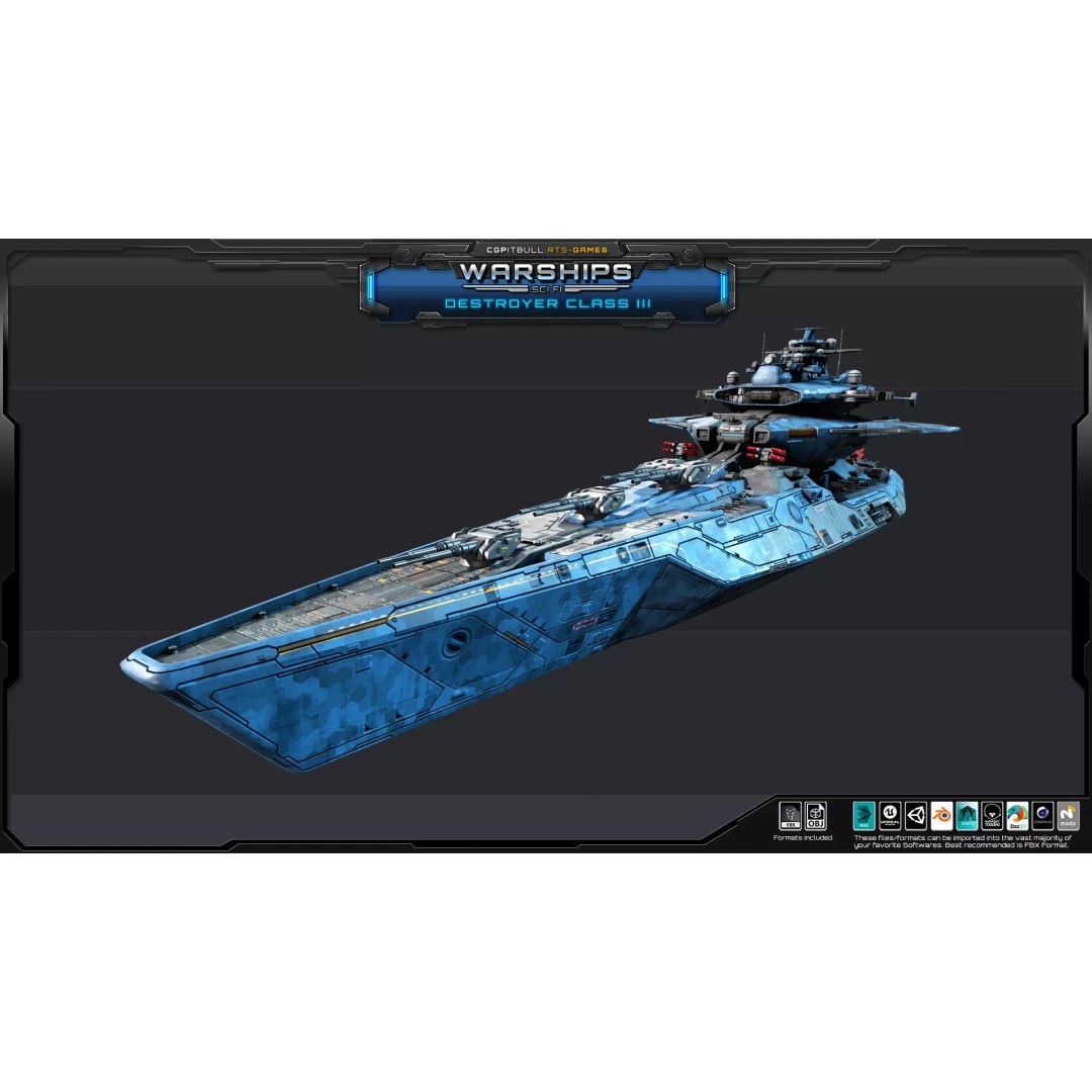 Futuristic Destroyer Class III 3D Model – Low Poly Military Warship, FBX - View 8