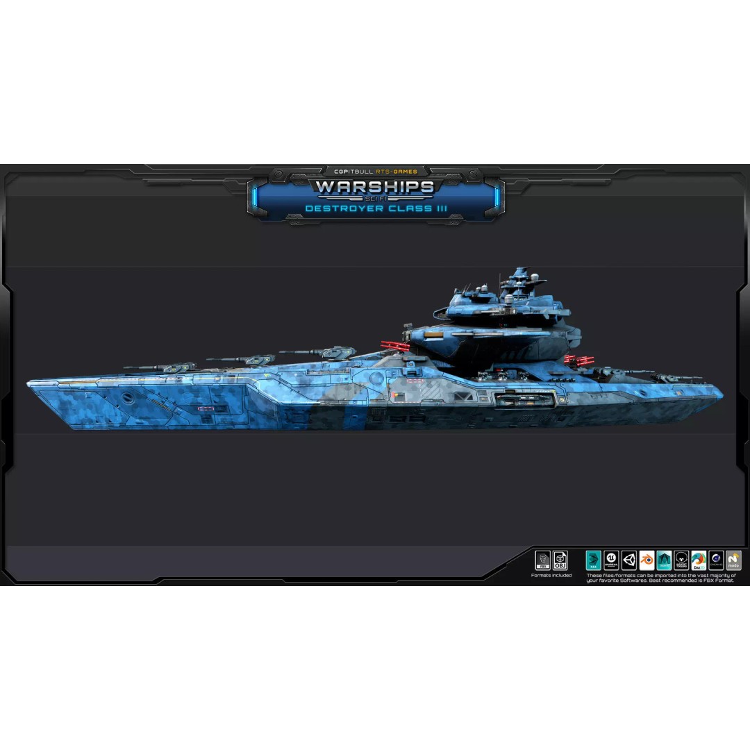 Futuristic Destroyer Class III 3D Model – Low Poly Military Warship, FBX - View 9