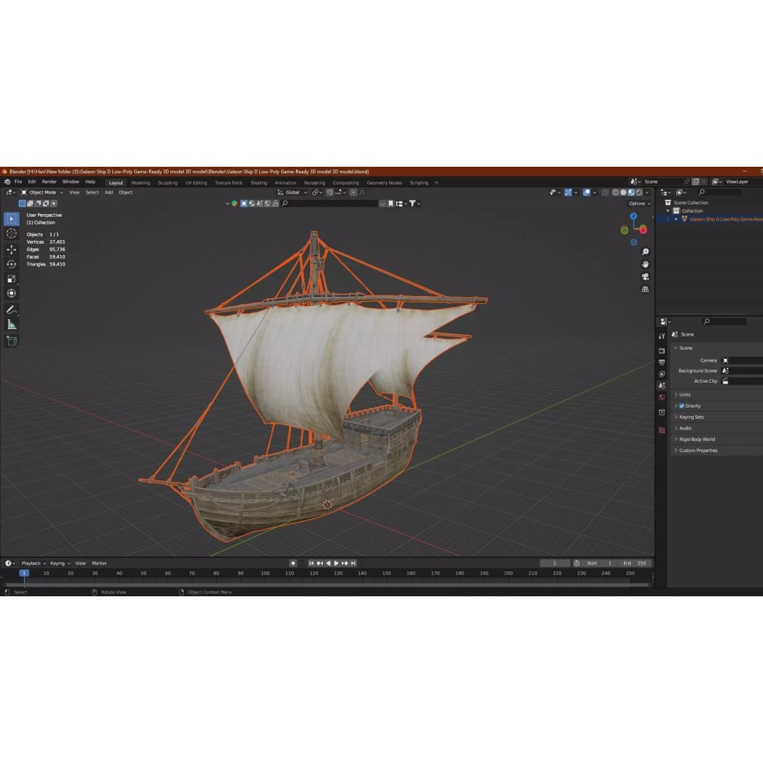 Galeon Ship X1 3D Model – Low Poly Game-Ready Asset, FBX, OBJ