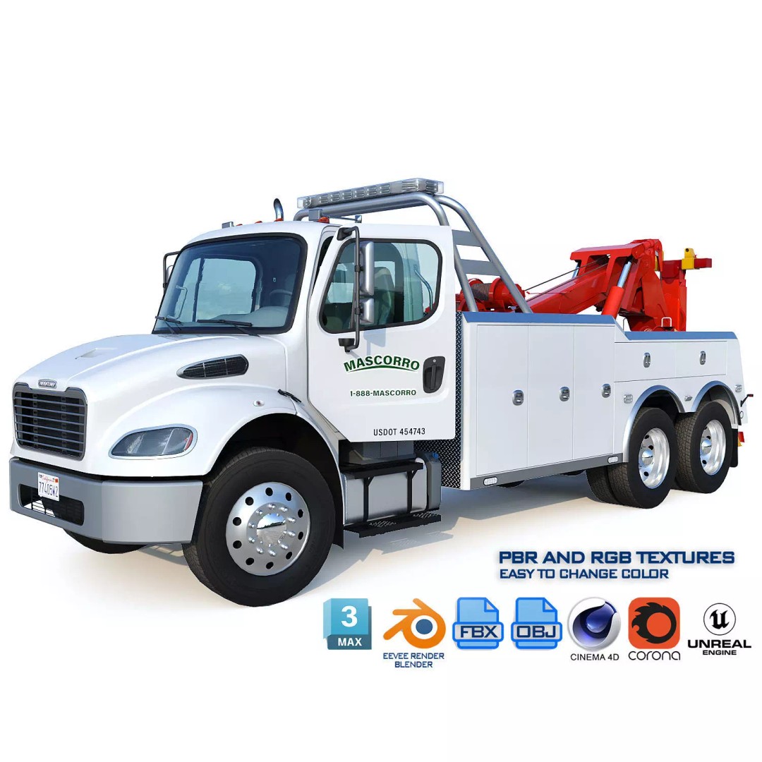 Freightliner M2 106 Wrecker Tow Truck 3D Model – Low Poly Game Asset, FBX - View 2