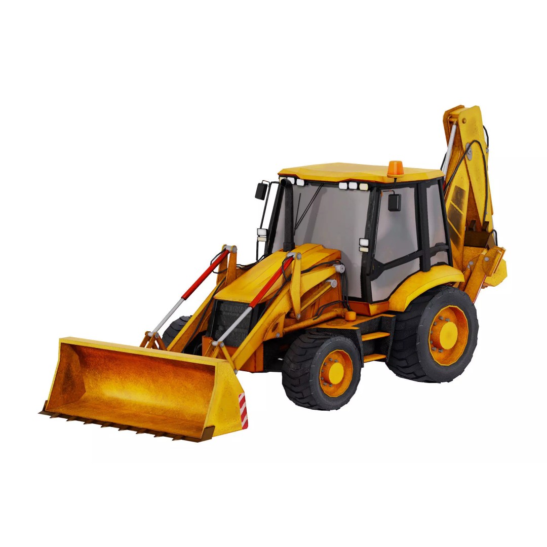 Backhoe Loader 3D Model – Low Poly Construction Vehicle, FBX, Game Ready - View 3