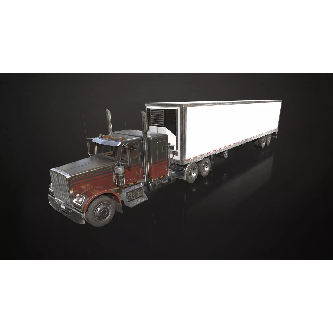 Flat Top Semi Truck 3D Model – Low Poly Refrigerated Trailer, FBX - View 2