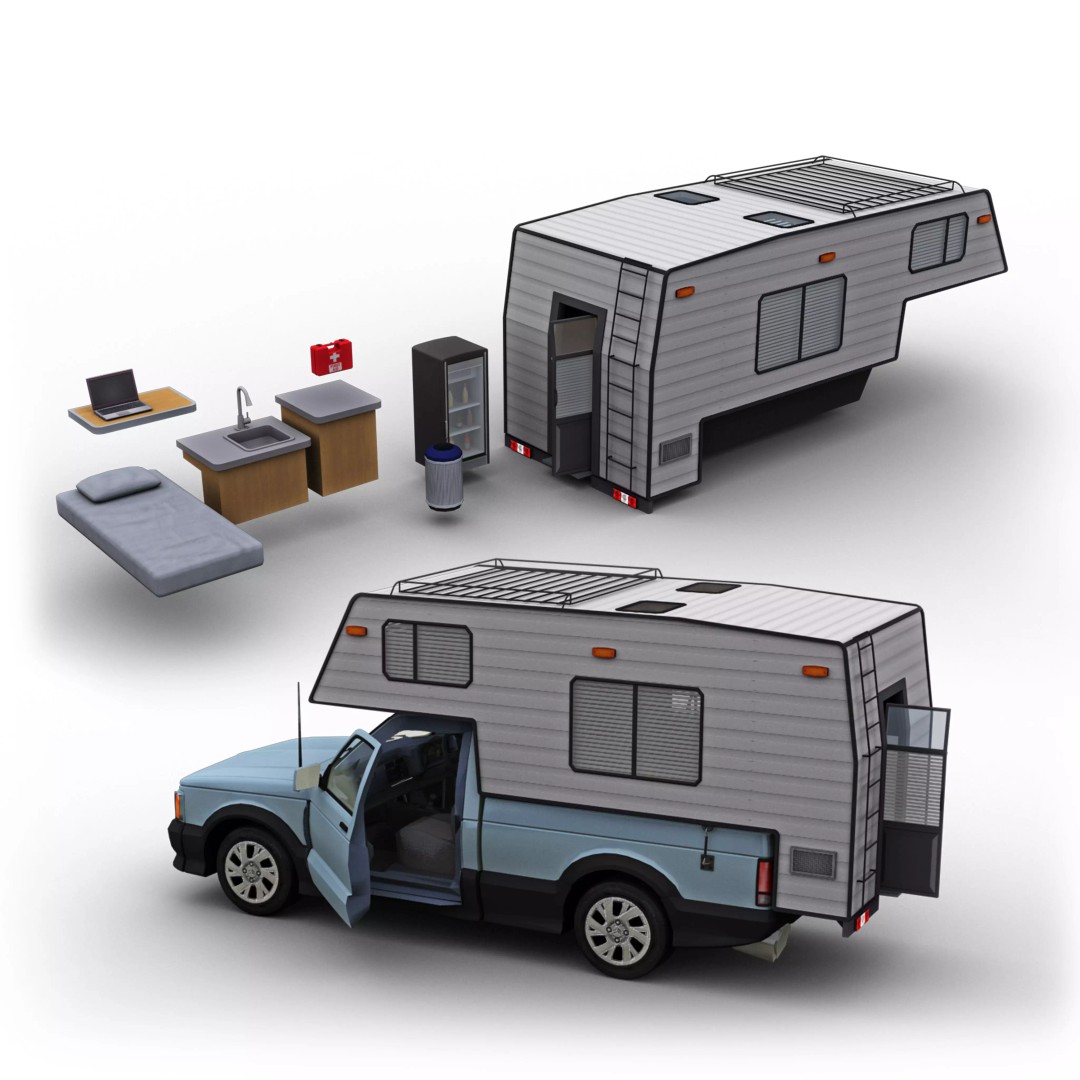 Camper Truck 3D Model – Low Poly Game Asset with Interior - View 2