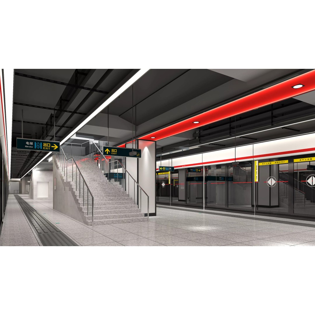 Subway Station Platform Space 3D Model – Modern Design, PBR Textures, FBX - View 3