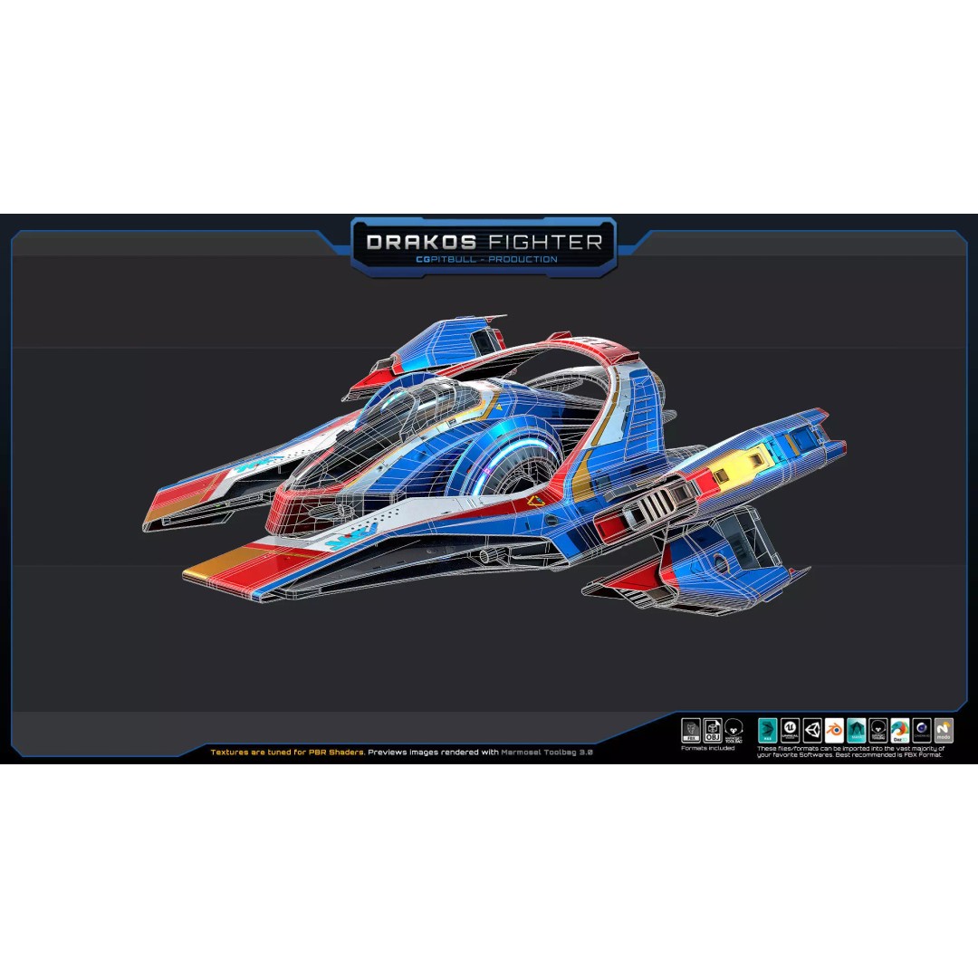 DRAKOS Fighter Spacecraft 3D Model – Low Poly PBR Game Asset, FBX