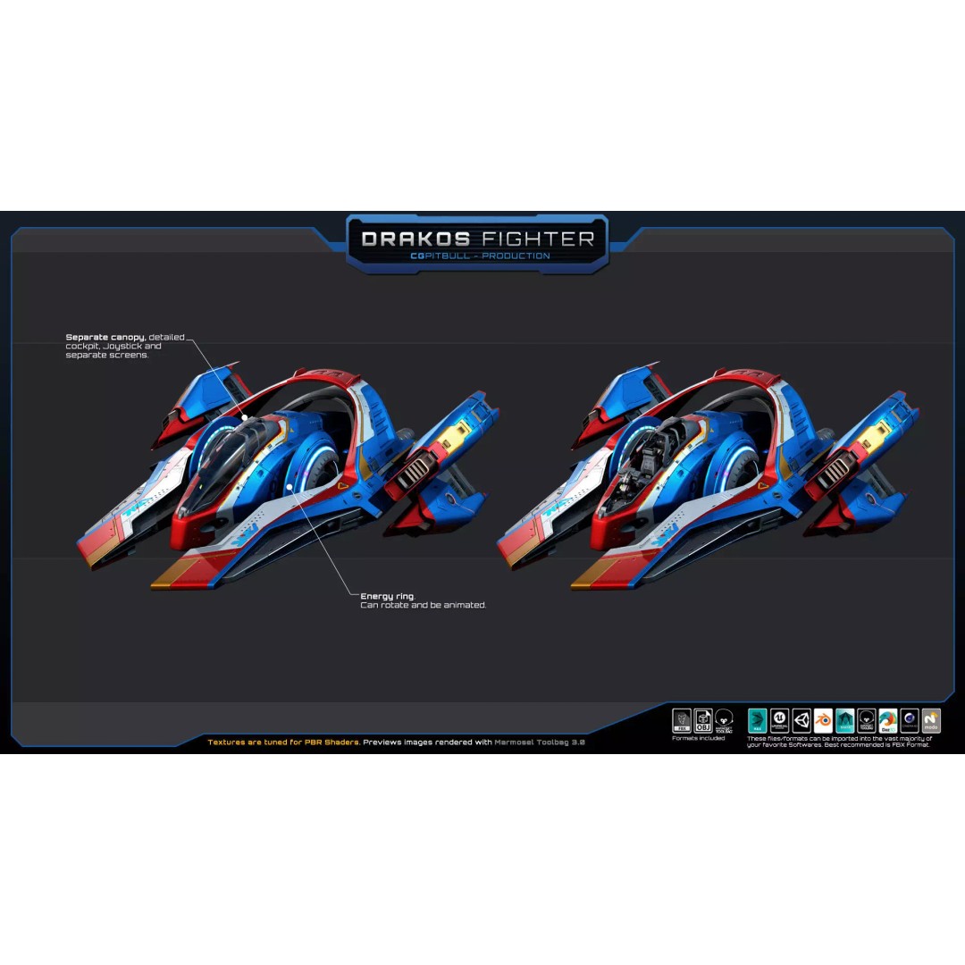DRAKOS Fighter Spacecraft 3D Model – Low Poly PBR Game Asset, FBX - View 10