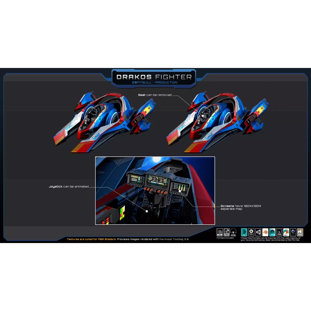 DRAKOS Fighter Spacecraft 3D Model – Low Poly PBR Game Asset, FBX - View 11