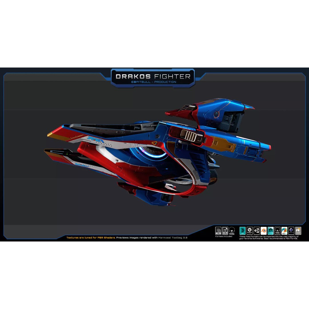 DRAKOS Fighter Spacecraft 3D Model – Low Poly PBR Game Asset, FBX - View 12