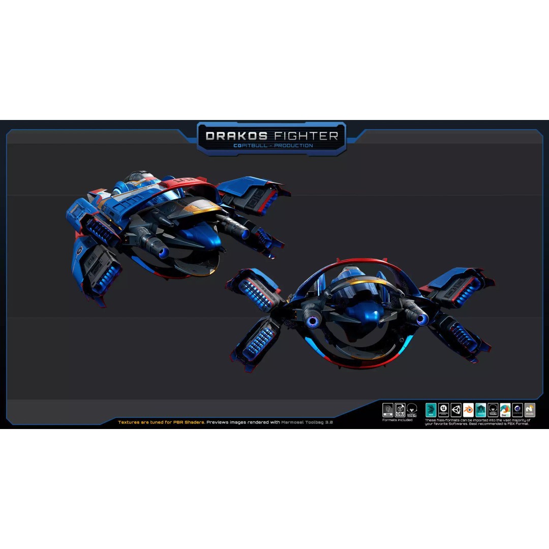 DRAKOS Fighter Spacecraft 3D Model – Low Poly PBR Game Asset, FBX - View 13
