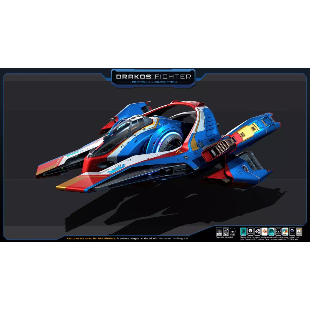 DRAKOS Fighter Spacecraft 3D Model – Low Poly PBR Game Asset, FBX - View 3