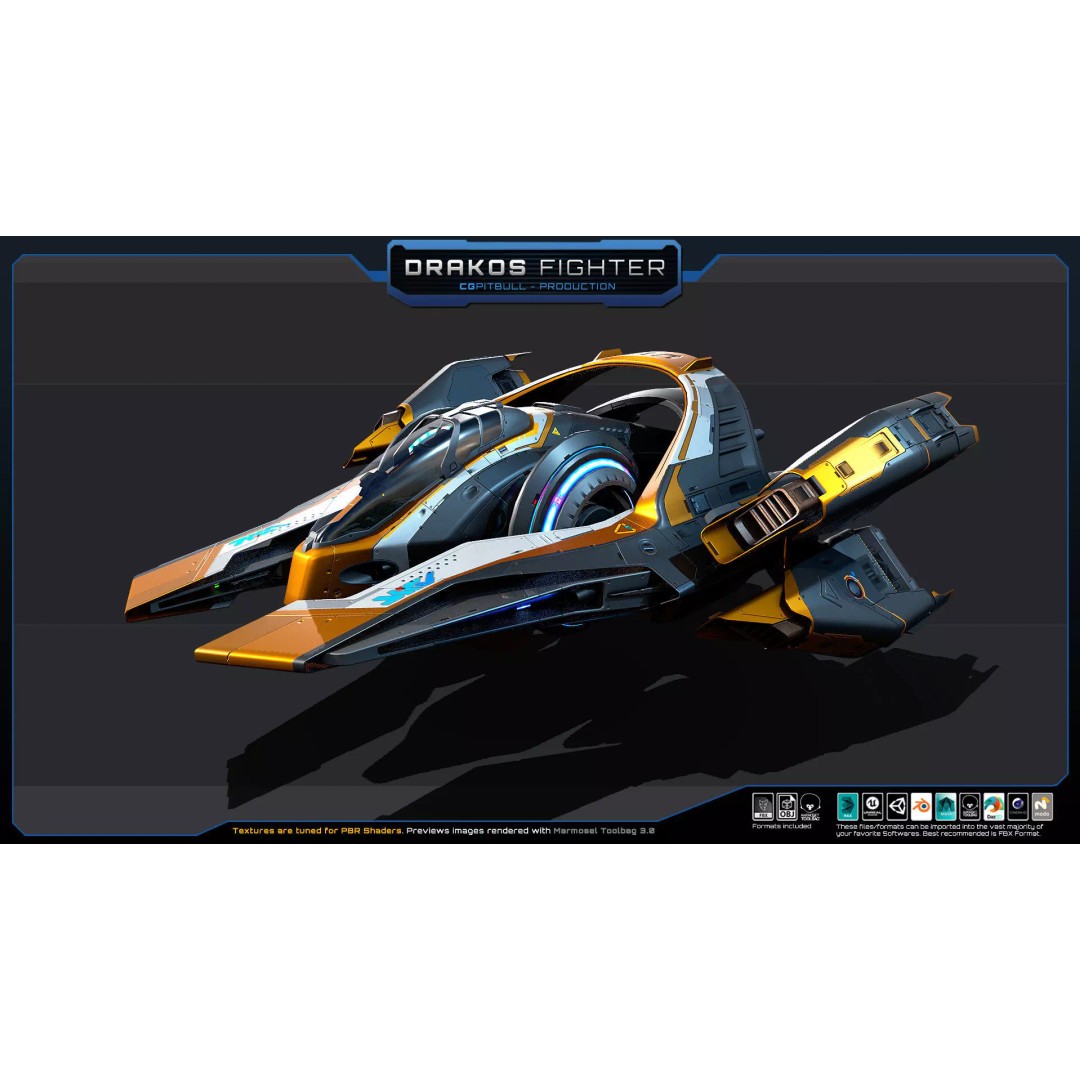 DRAKOS Fighter Spacecraft 3D Model – Low Poly PBR Game Asset, FBX - View 4