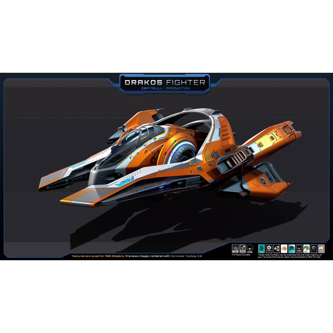 DRAKOS Fighter Spacecraft 3D Model – Low Poly PBR Game Asset, FBX - View 5