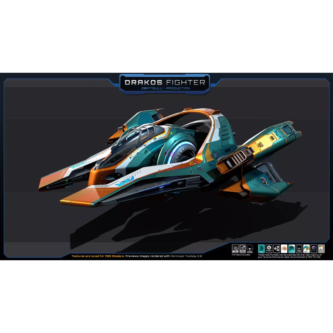 DRAKOS Fighter Spacecraft 3D Model – Low Poly PBR Game Asset, FBX - View 6