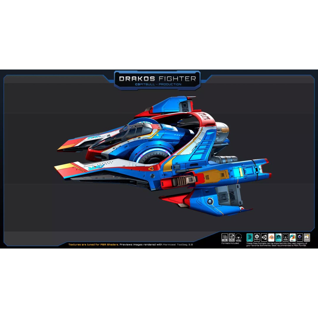 DRAKOS Fighter Spacecraft 3D Model – Low Poly PBR Game Asset, FBX - View 7
