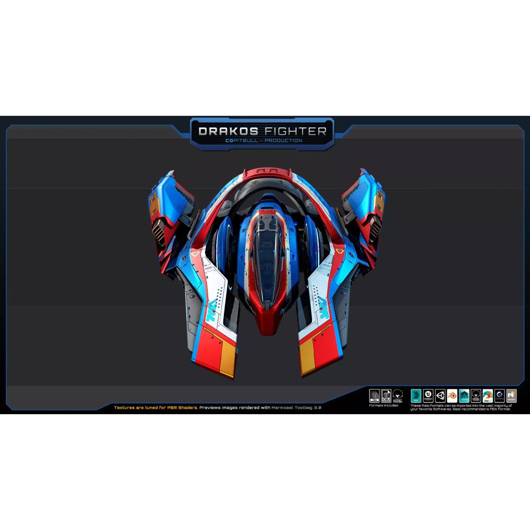 DRAKOS Fighter Spacecraft 3D Model – Low Poly PBR Game Asset, FBX - View 8