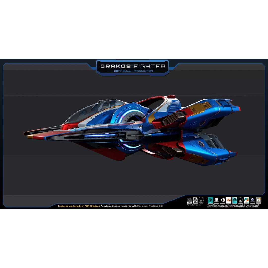 DRAKOS Fighter Spacecraft 3D Model – Low Poly PBR Game Asset, FBX - View 9