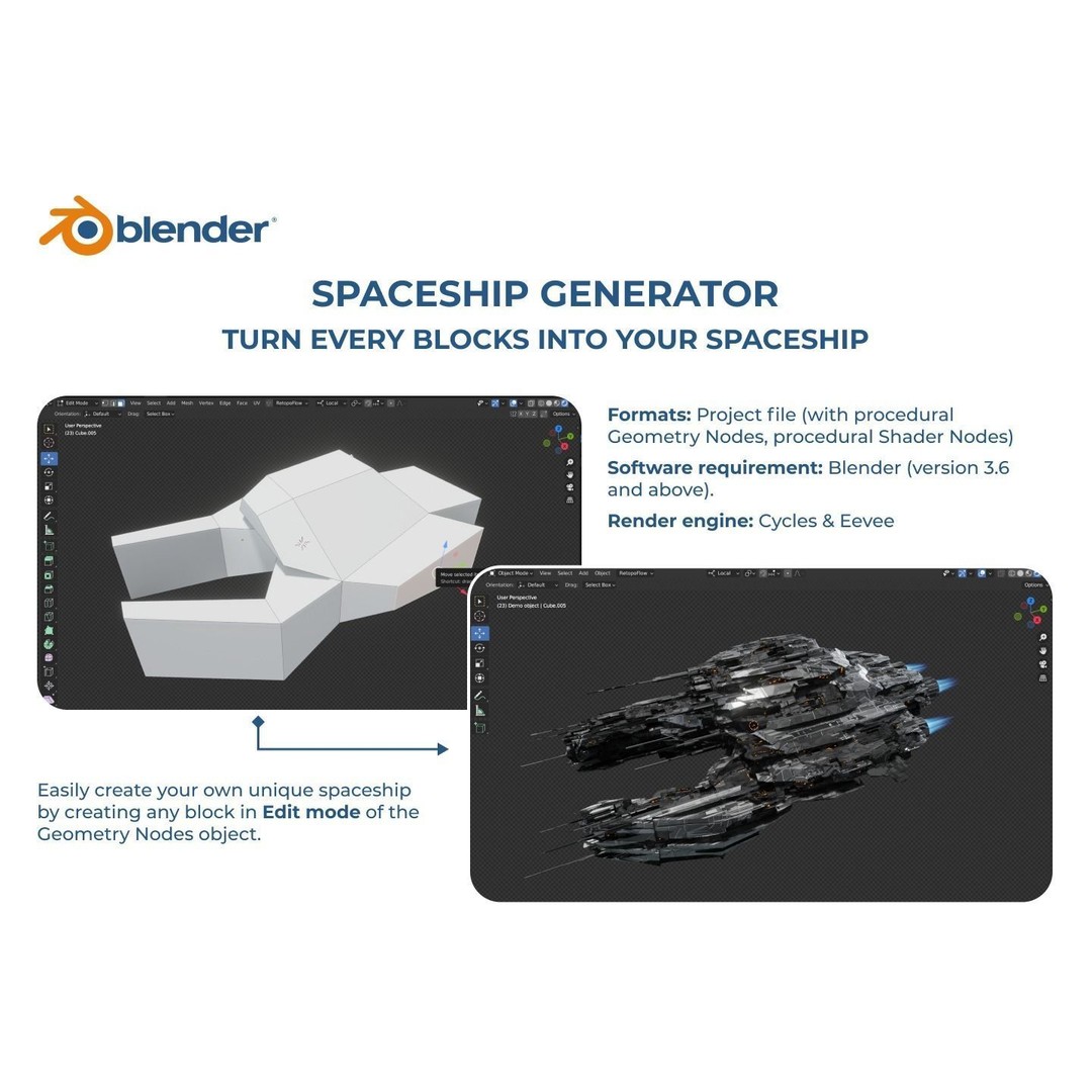 Spaceship Generator 3D Model – Procedural Sci-Fi Asset for Blender - View 3