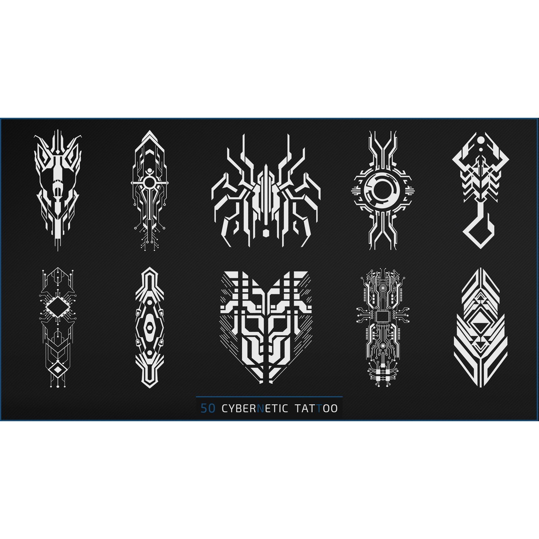 Cybernetic Tattoo 3D Model – Futuristic Texture Decals, PNG, PSD, SVG