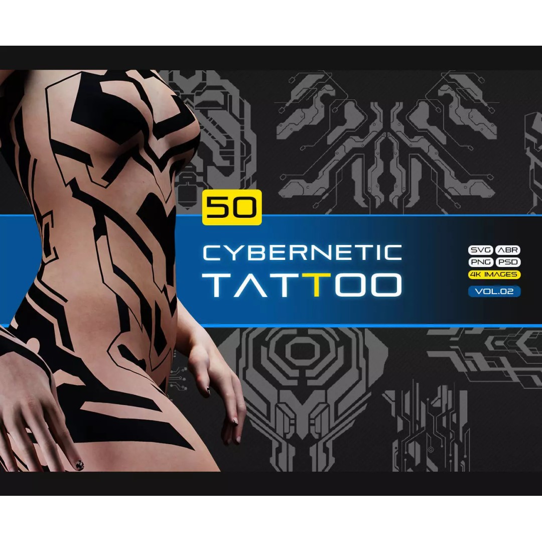 Cybernetic Tattoo 3D Model – Futuristic Texture Decals, PNG, PSD, SVG - View 2